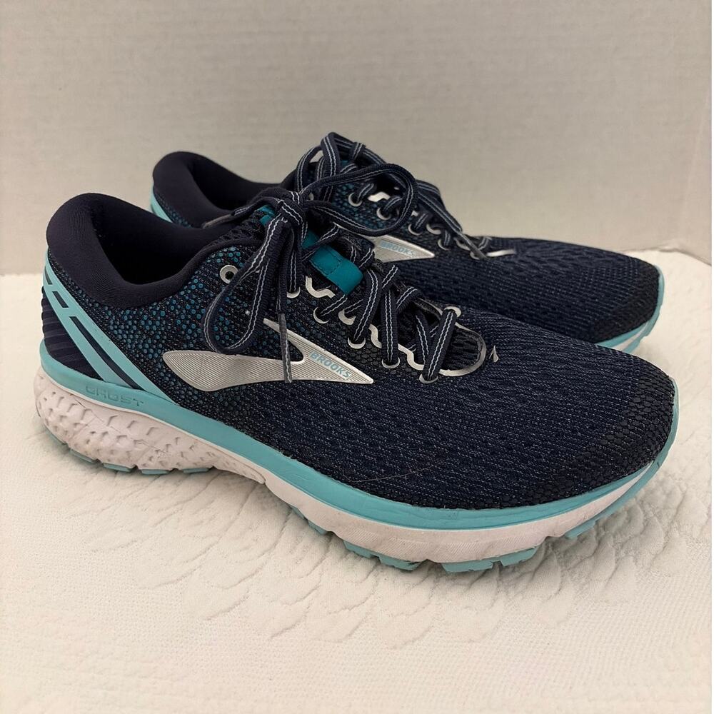 Brooks Ghost 11 Running Shoes Womens 8B Navy Blue Aqua Athletic Sneakers